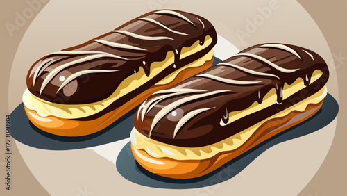 Photorealistic chocolate éclairs with glossy dark chocolate and white drizzle on a white table surface, featuring creamy custard filling and soft lighting.