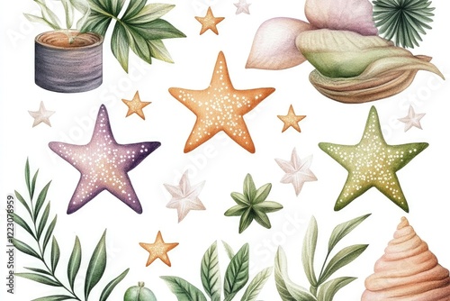 Colorful starfish and tropical foliage illustrations on a white background, ideal for design use