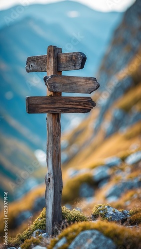 Weathered Signpost with Empty Directions in Mountain Landscape