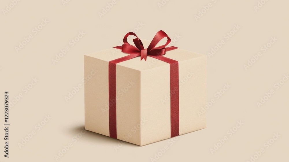 Beige square gift box with a red ribbon. Beige square gift box with a red ribbon.
