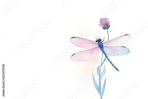 A delicate blue dragonfly perched on a pink flower against a soft, pastel background