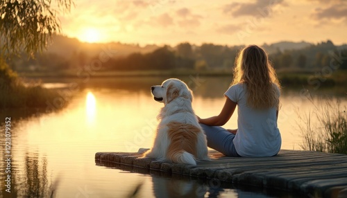 Find serenity with a gentle garden scene featuring a dog and its owner practicing poses that mimic yoga, showing balance and a calm lifestyle The warm glow of sunrise enhances this peaceful moment