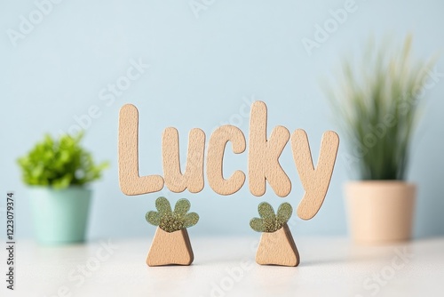 Decorative wooden sign reading 'Lucky' with small potted plants against a soft blue background