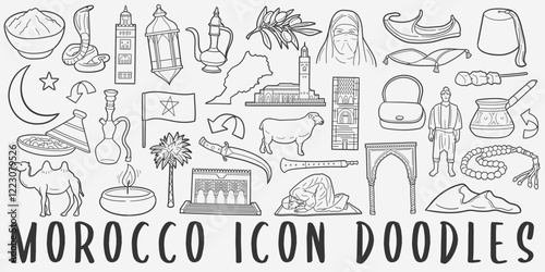 Moroccan Doodle Icons Black and White Line Art. Morocco Clipart Hand Drawn Symbol Design.