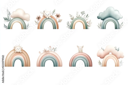 Colorful rainbows with whimsical clouds and cute animals in a serene, nature-inspired setting