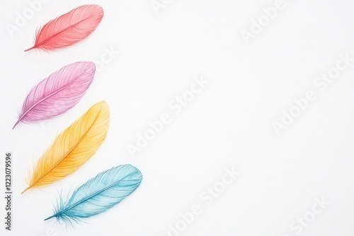 Colorful feathers arranged artistically on a white background, ideal for creative projects and designs