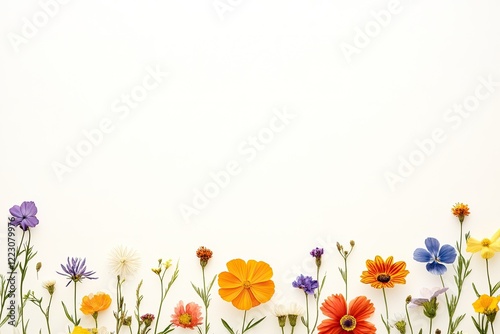 Vibrant assortment of wildflowers arranged along a white background, showcasing nature's beauty