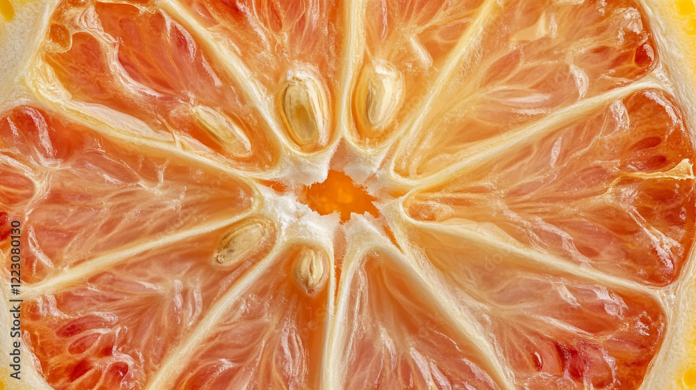 Citrus slice reveals intricate texture and vibrant colors in a close-up view of fruit Citrus slice reveals intricate texture and vibrant colors in a close-up view of fruit