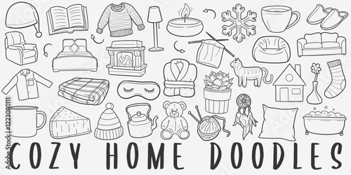 Cozy Home Doodle Icons Black and White Line Art. Home Sweet Home Clipart Hand Drawn Symbol Design.