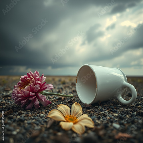 A dried flower on the ground next to an overturned cup with a storm brewing in the distance symbolizing permanent separation Ultra-Realistic Photo Realistic photo