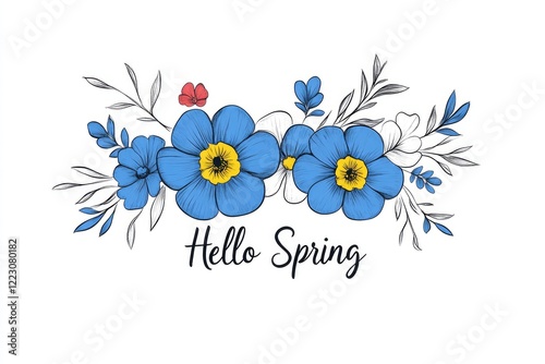 Vibrant floral illustration celebrating the arrival of spring with blue and yellow flowers