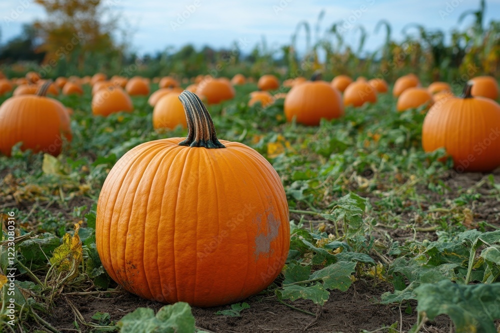 Vibrant pumpkin patch filled with various size and color pumpkins ready for harvest amidst lush greenery on a sunny day Vibrant pumpkin patch filled with various size and color pumpkins ready for harvest amidst lush greenery on a sunny day