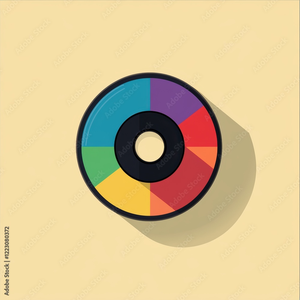 A vibrant, segmented CD design in flat colors with gradient hues on a beige background. A vibrant, segmented CD design in flat colors with gradient hues on a beige background.