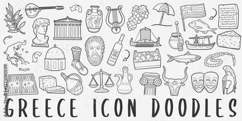 Greek Doodle Icons Black and White Line Art. Greece Clipart Hand Drawn Symbol Design.