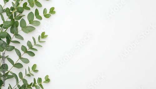 Fresh green leaves arranged elegantly on a clean white background, ideal for nature-themed designs