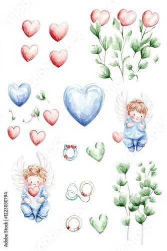 Whimsical watercolor illustrations of cherubic angels with hearts and greenery on a white background