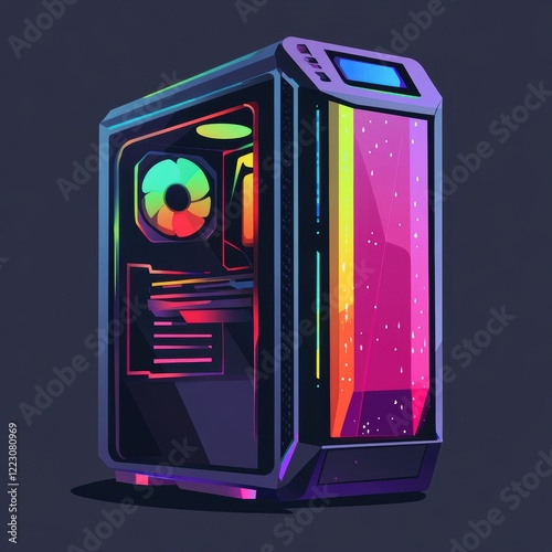 A vibrant gaming PC tower with glowing RGB lighting and a colorful glass panel design. photo