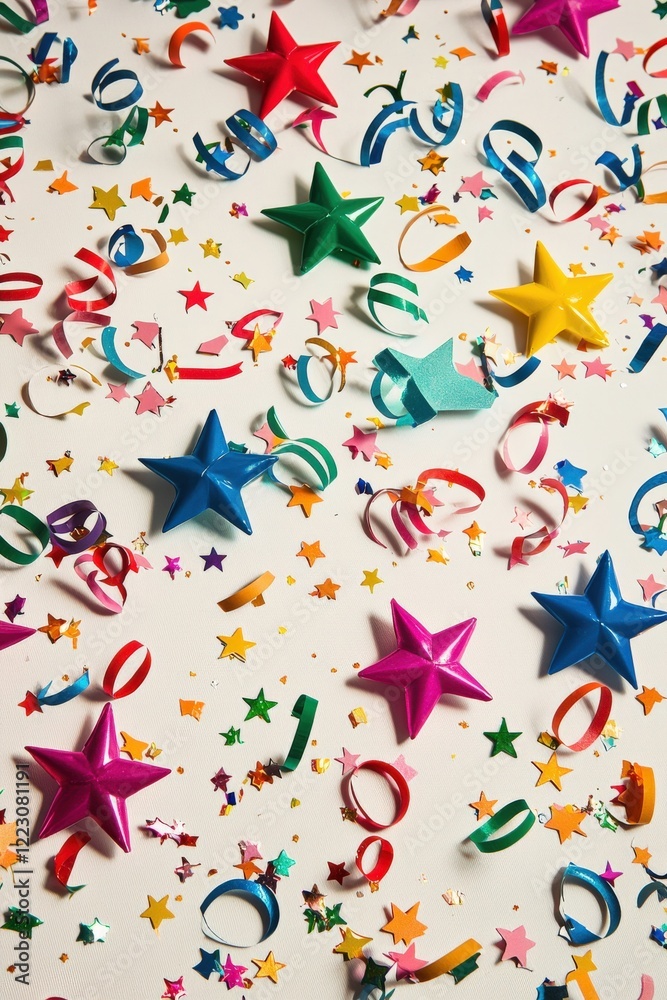 Multicolored confetti stars and curly streamers randomly sprinkled on a crisp white surface for a festive feel Multicolored confetti stars and curly streamers randomly sprinkled on a crisp white surface for a festive feel