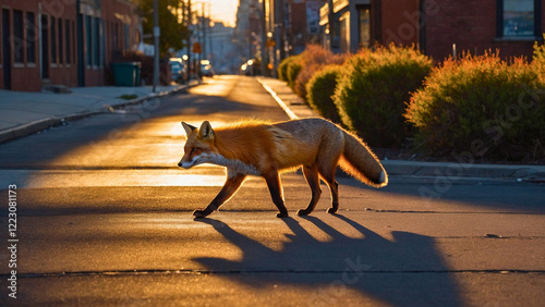  a red fox wandering the streets at sunset, searching for food photo