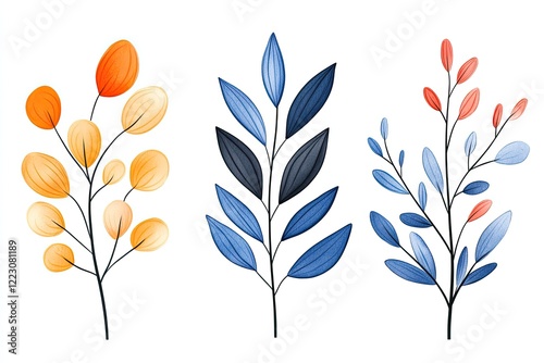 A vibrant collection of stylized botanical illustrations showcasing diverse leaf shapes and colors