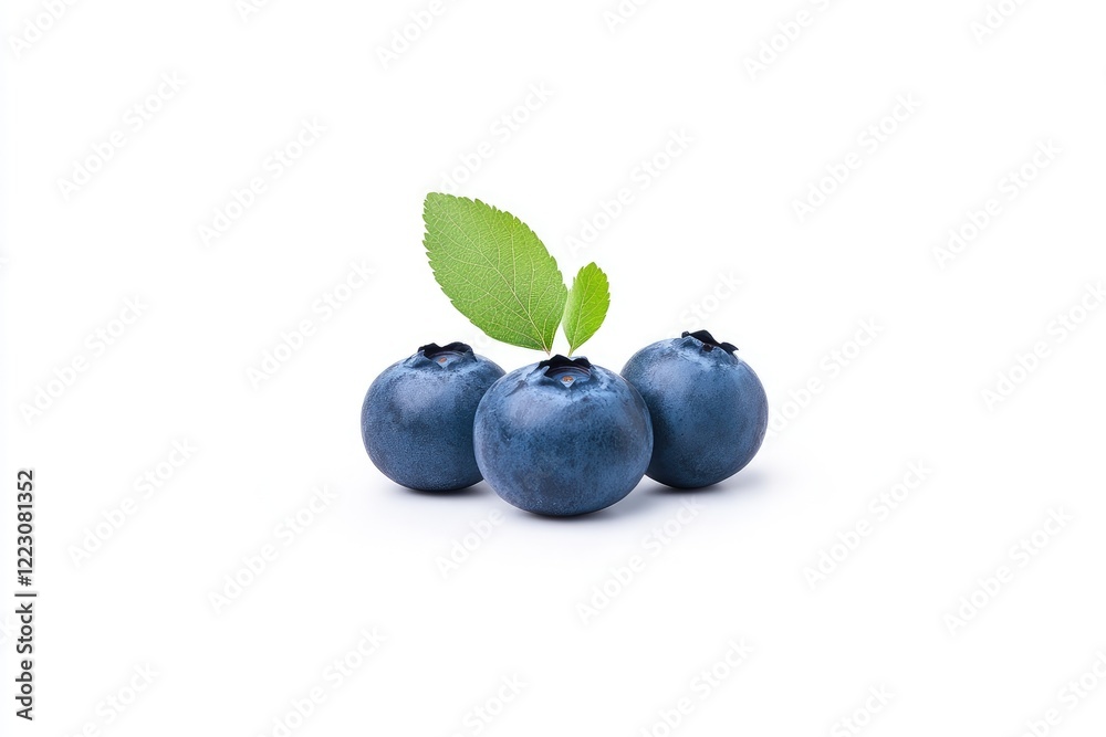 Fresh blueberries with green leaves arranged on a clean white background for culinary use Fresh blueberries with green leaves arranged on a clean white background for culinary use
