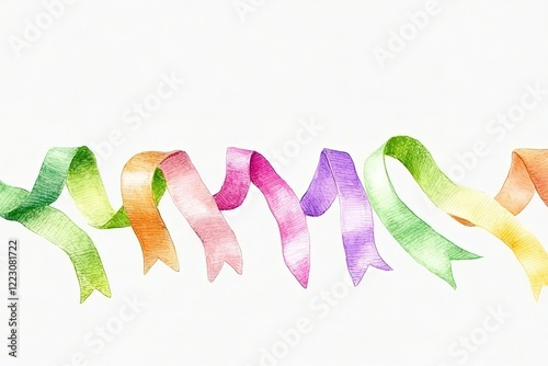 Colorful watercolor ribbons flowing gracefully across a soft background, ideal for festive designs