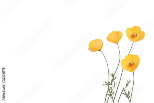 Bright yellow flowers with delicate petals arranged on a white background, symbolizing nature's beauty