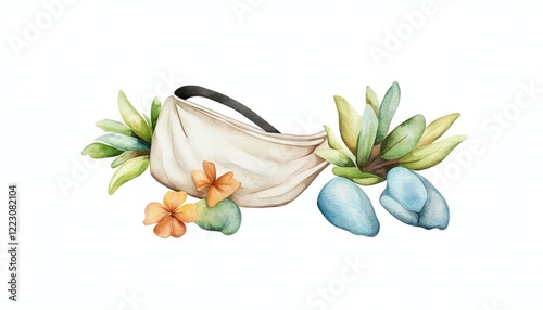 A serene watercolor illustration of a bag surrounded by tropical leaves and flowers, evoking relaxation