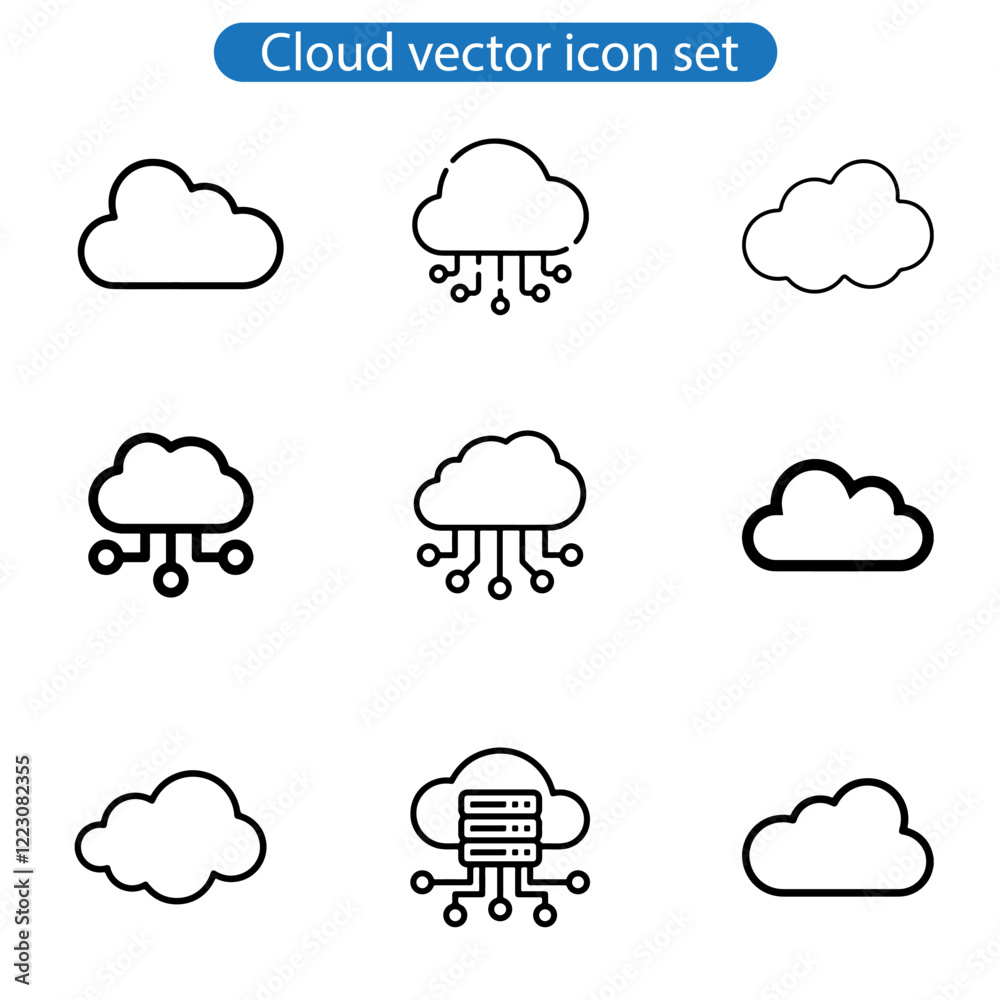 Obraz premium Cloud vector art icon. Set of icons for data storage, download, upload, database, server on white background. 