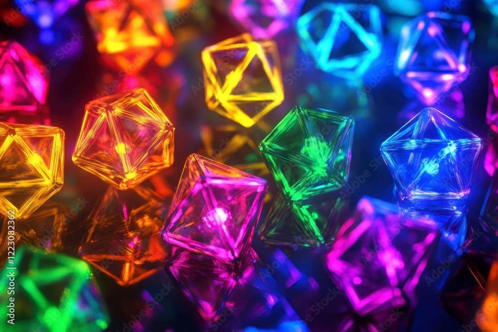 Colorful glowing geometric shapes casting reflections on surfaces Colorful glowing geometric shapes casting reflections on surfaces