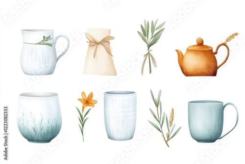 A collection of beautifully illustrated ceramic and glass cups, teapots, and botanical elements arranged artistically