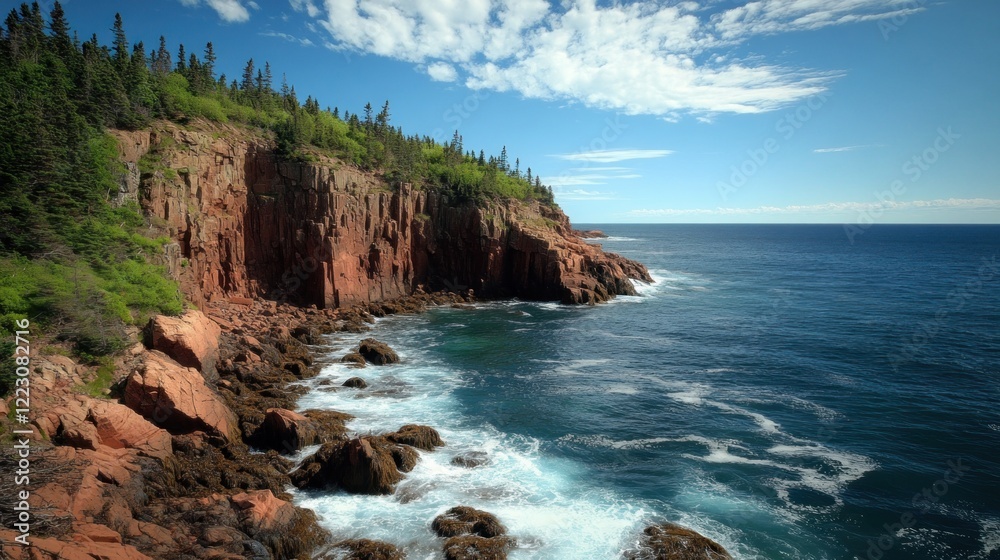 Fototapeta premium Coastal cliffs with evergreen trees meeting the sea under a blue sky with white clouds