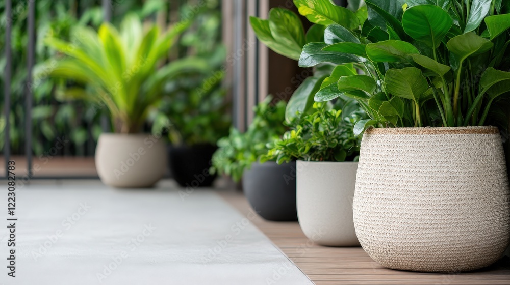 Fototapeta premium Tranquil Home Garden Decor A Realistic Photo of Beautifully Arranged Potted Plants on a Patio