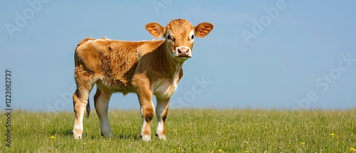 A Holstein cow, with a full udder, is seen chewing cud in a summer pasture beneath a bright blue sky. The profile view leaves room for text.