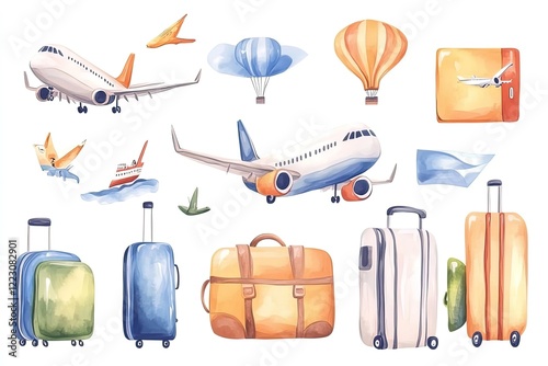 Colorful watercolor illustrations of various travel-related items including airplanes, luggage, and hot air balloons