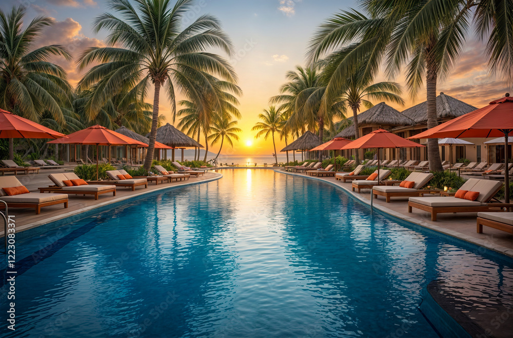 A wide-angle shot depicts the luxurious scene of colorful umbrellas and comfortable chairs surrounding an inviting outdoor pool.