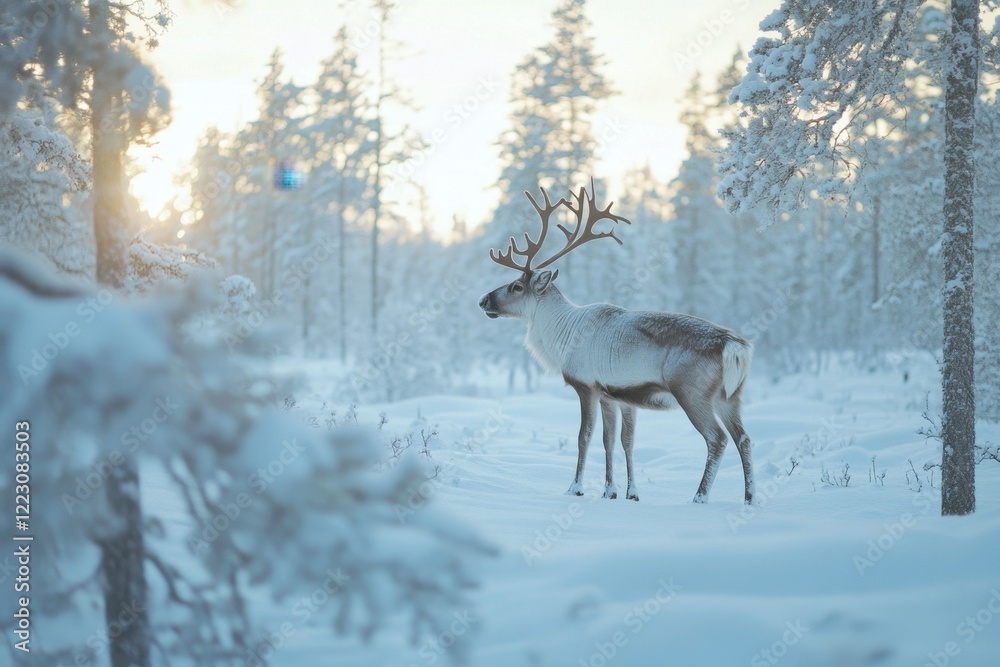 Reindeer explore a snowy forest landscape, embodying the spirit of winter and holiday magic Reindeer explore a snowy forest landscape, embodying the spirit of winter and holiday magic