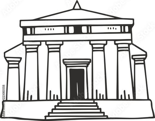 Ancient Temple Sketch Hand Drawn Illustration of Classical Architecture with Columns