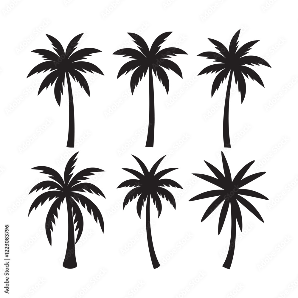 Set of palm tree silhouette vector icon illustration, tree, palm on white background. Set of palm tree silhouette vector icon illustration, tree, palm on white background.