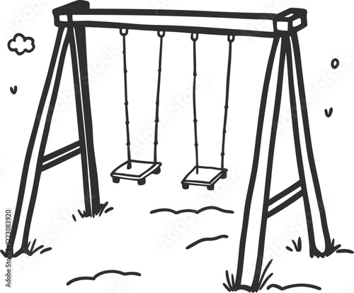 Hand Drawn Playground Swing Set with Swings in Minimalist Black and White Vector Art