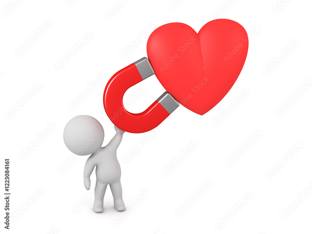 Happy 3D Character with a Magnet and Heart Happy 3D Character with a Magnet and Heart