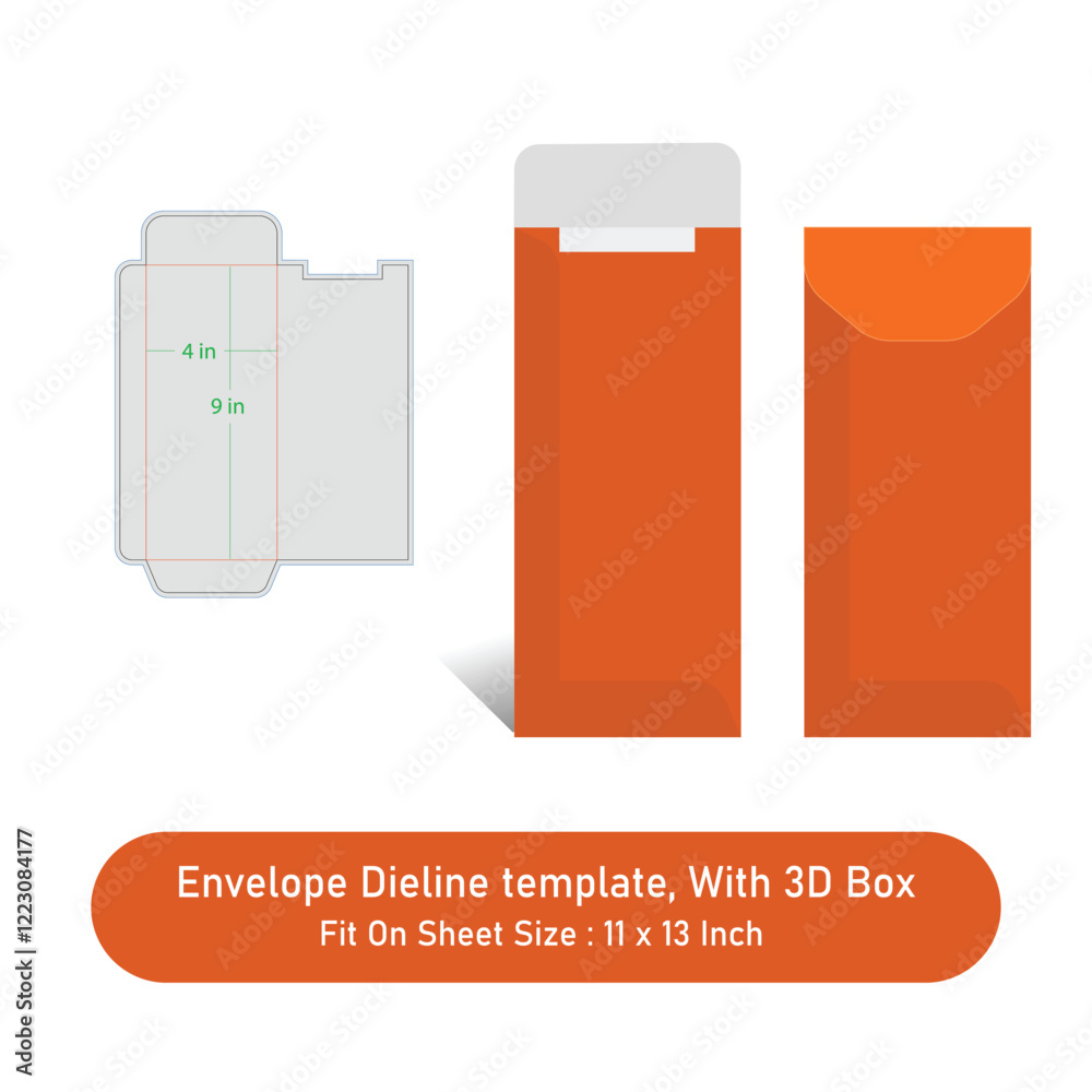 Envelope Size 4 x 9 in, Dieline template, And 3D Box Envelope Size 4 x 9 in, Dieline template, And 3D Box