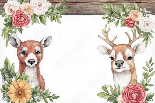 Illustrative artwork featuring a deer and a fawn surrounded by floral decorations on a blank background