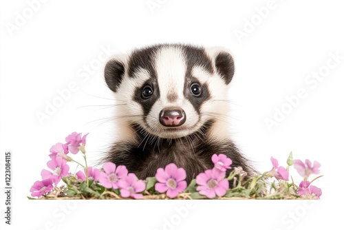 Adorable badger surrounded by vibrant pink flowers, showcasing nature's beauty and wildlife