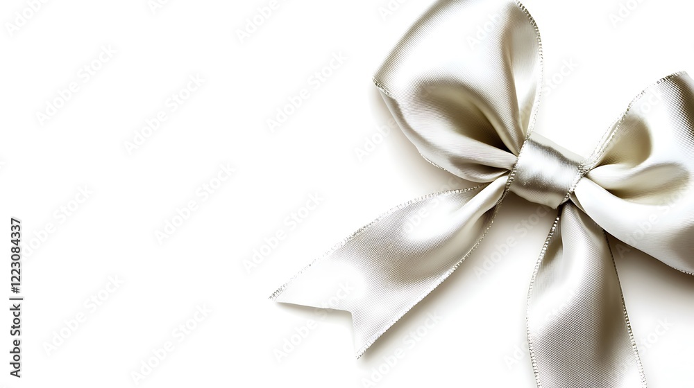 Naklejka premium A lustrous silver satin ribbon bow is situated in the corner of a frame, leaving an empty space for creative use.