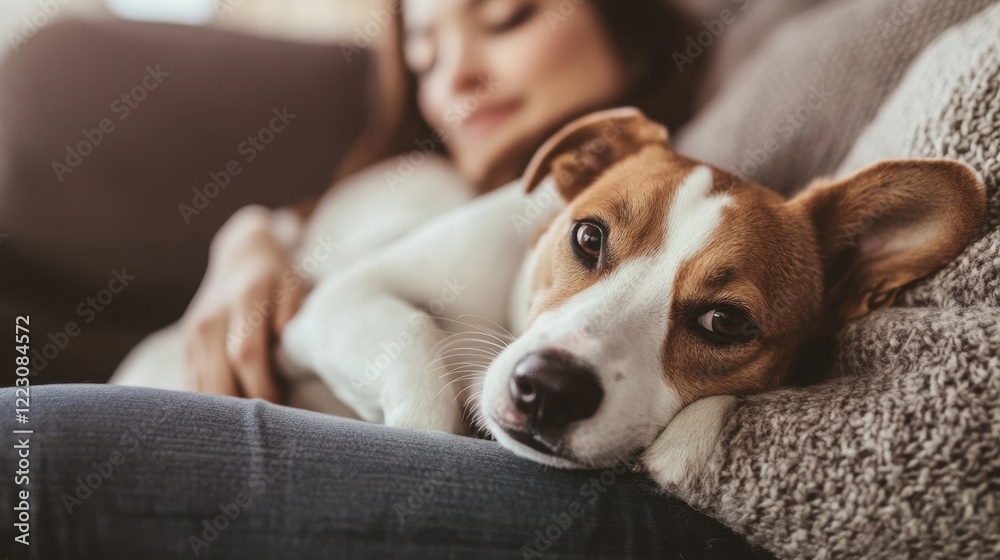 Relaxing moment with a beloved dog on the couch during a cozy afternoon Relaxing moment with a beloved dog on the couch during a cozy afternoon