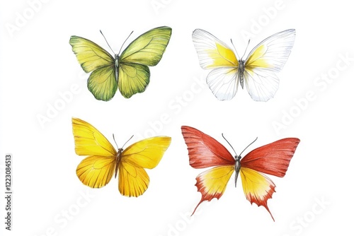 Colorful illustrations of four distinct butterfly species showcasing vibrant wings and details