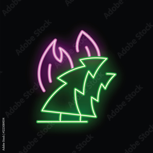 Neon sign representing forest fire burning trees with bright flames on black background