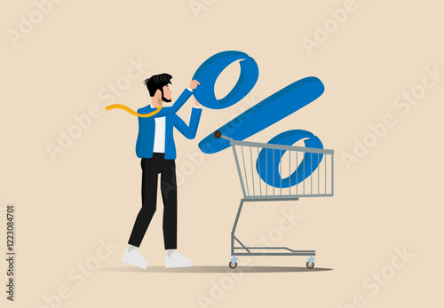 Shopping discount percentage, businessman investor or consumer pushing shopping cart trolley with big percentage sign, mortgage loan interest rate or investment earning and profit concept.
