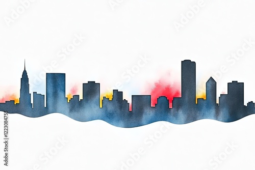 Colorful watercolor skyline silhouette depicting urban landscape with vibrant background hues photo